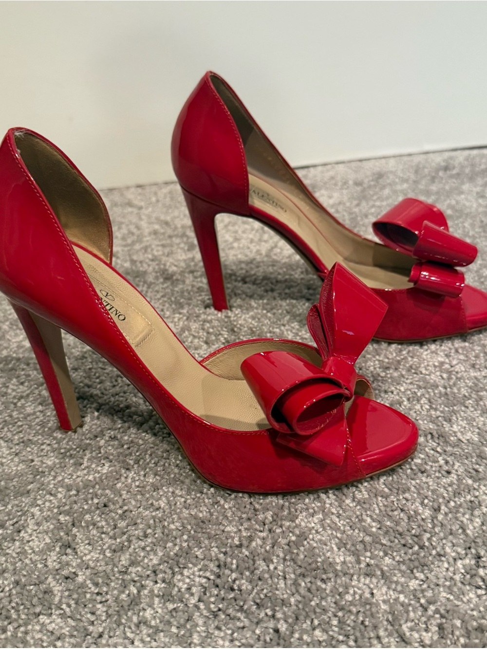 Valentino Garavani Red Patent Leather Bow Peep-Toe Heels